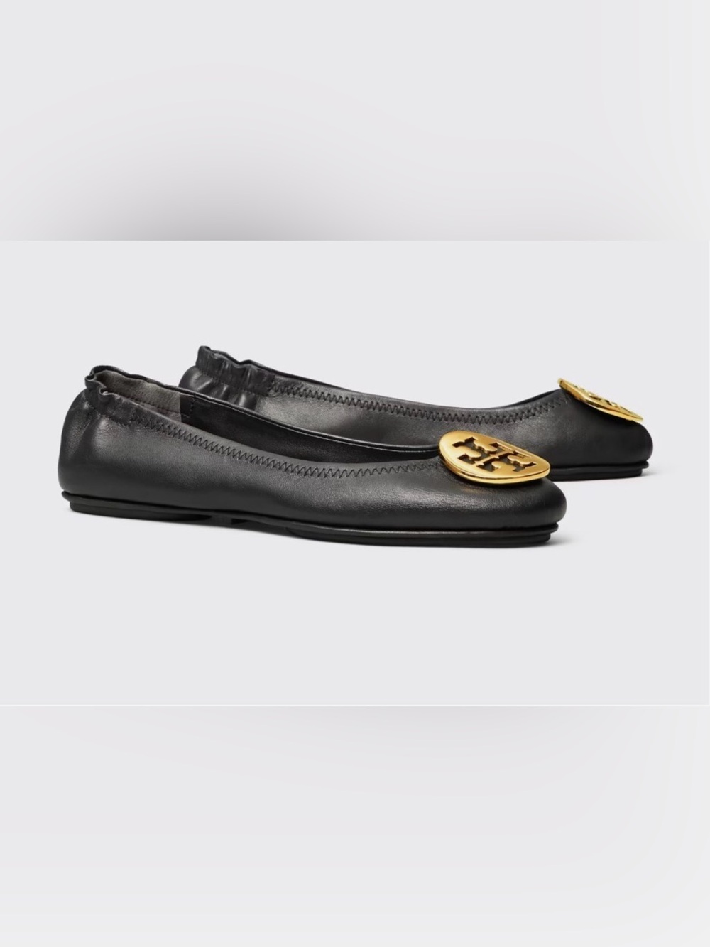 Tory Burch Minnie Travel Ballet Flats Black Leather with Gold Logo Sz: 5 1/2- 6